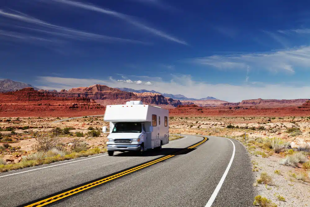 RV Camper on highway in Utah