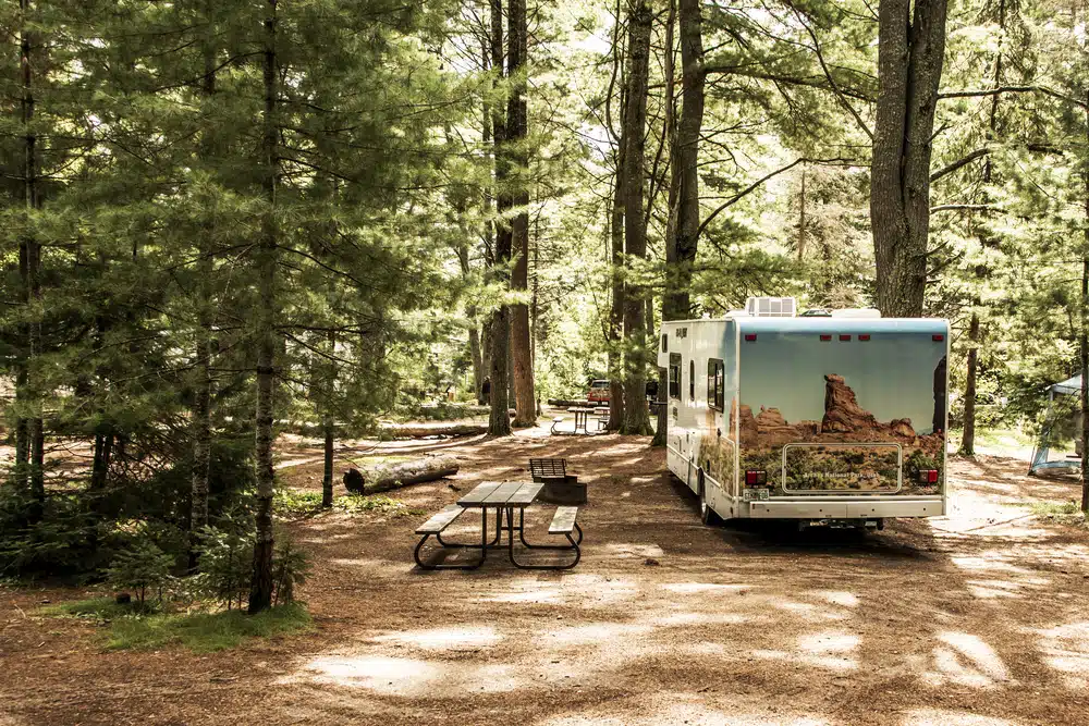 RV in forest campground site