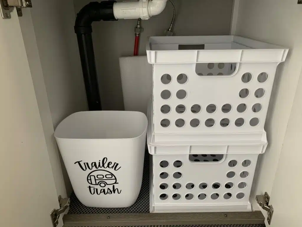 trash can stored underneath RV sink