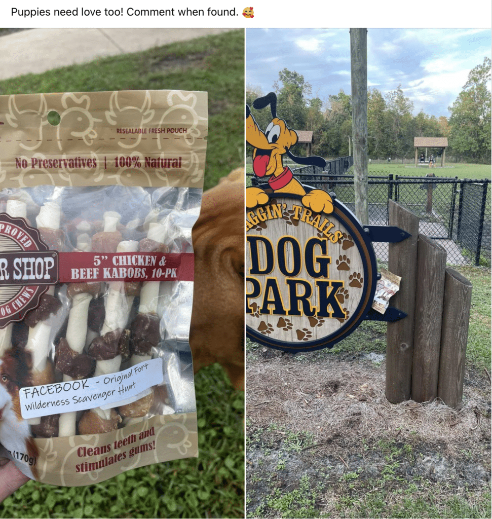bag of dog treats next to Pluto Dog Park sign at Fort Wilderness Campground