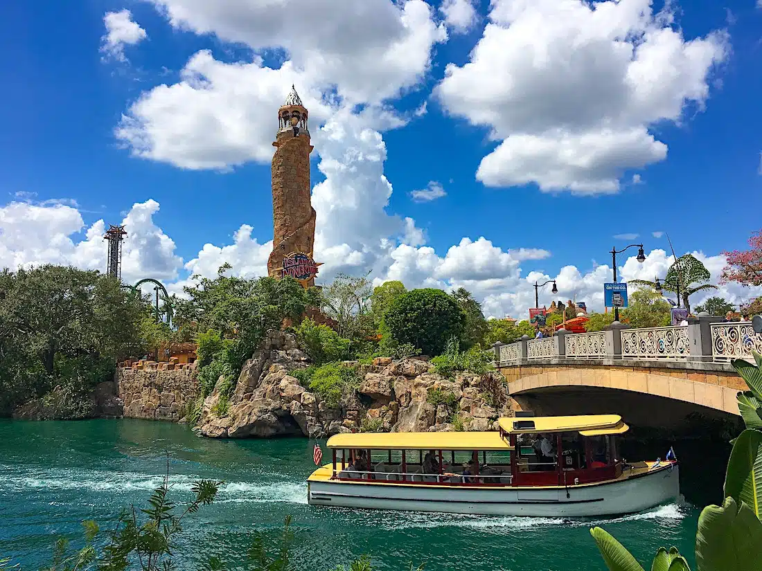 Universal Studios Orlando Islands of Adventure theme park with ferry boat arriving