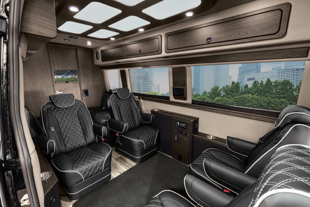 American Coach interior with black leather cross stitching