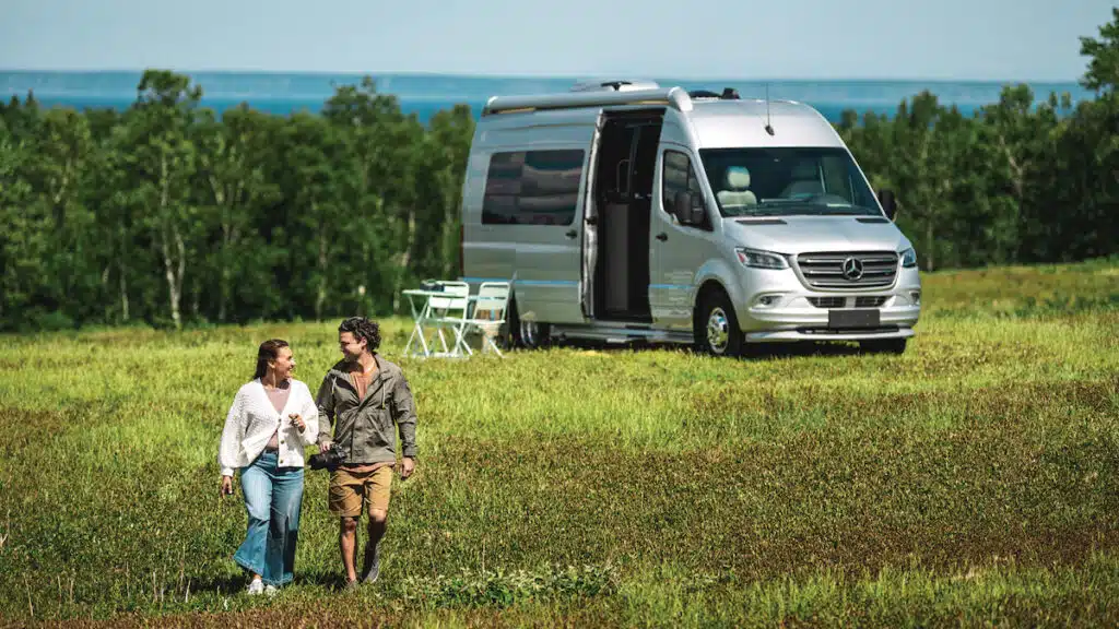 Airstream Interstate exterior in wooded setting