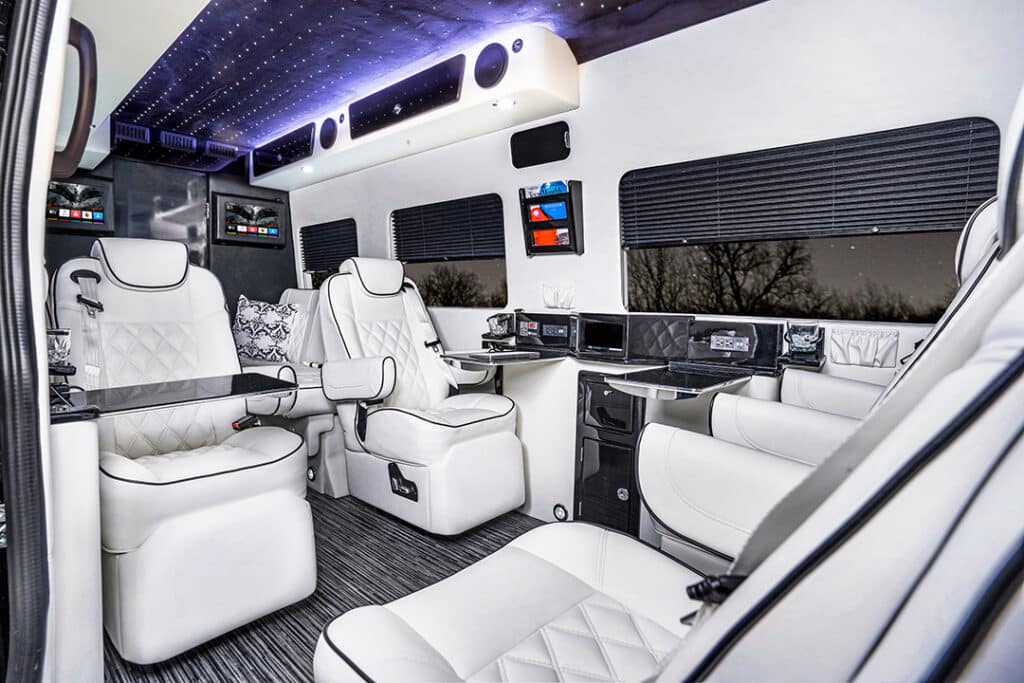 LCW Auto Supreme Sprinter Interior with blue lights and white leather