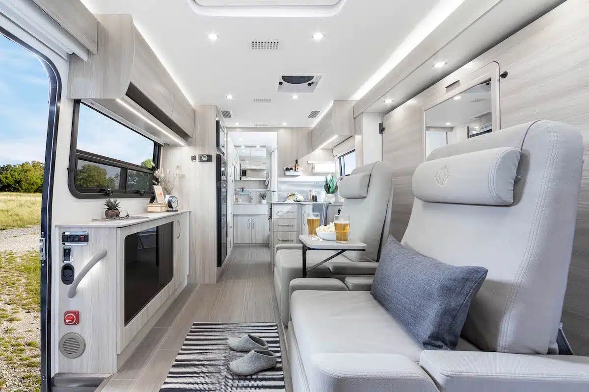 Leisure Travel Van Unity interior with light finishes