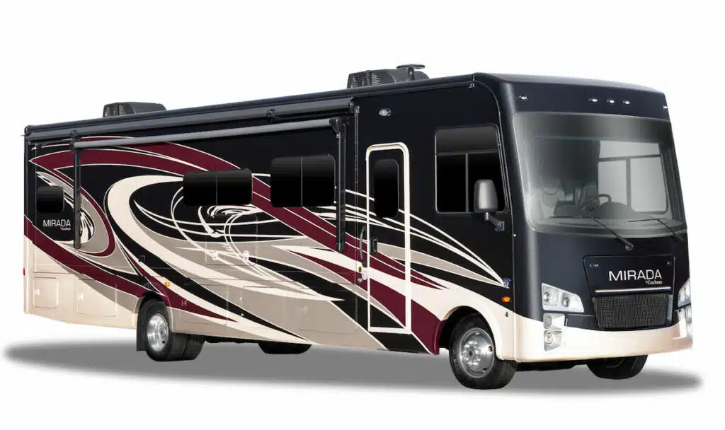 2022 Coachmen Mirada 32LS Exterior with red and black paint scheme