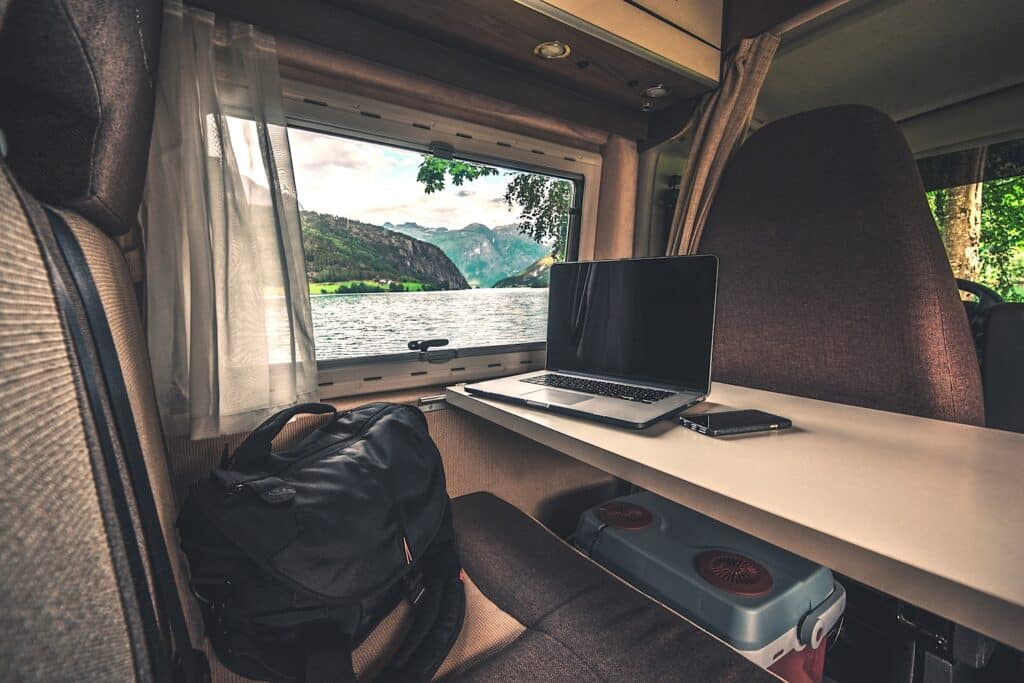 RV Interior Desk With Lake and Mountain View