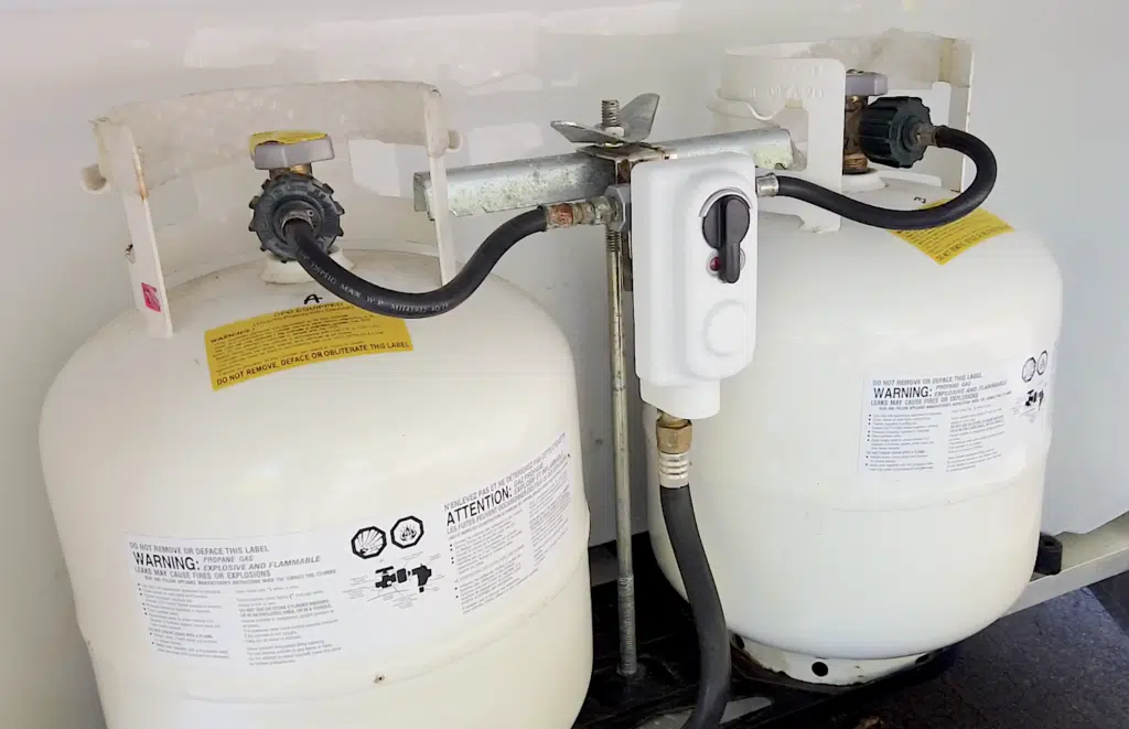 Dual RV Propane Tanks Close Up On Trailer