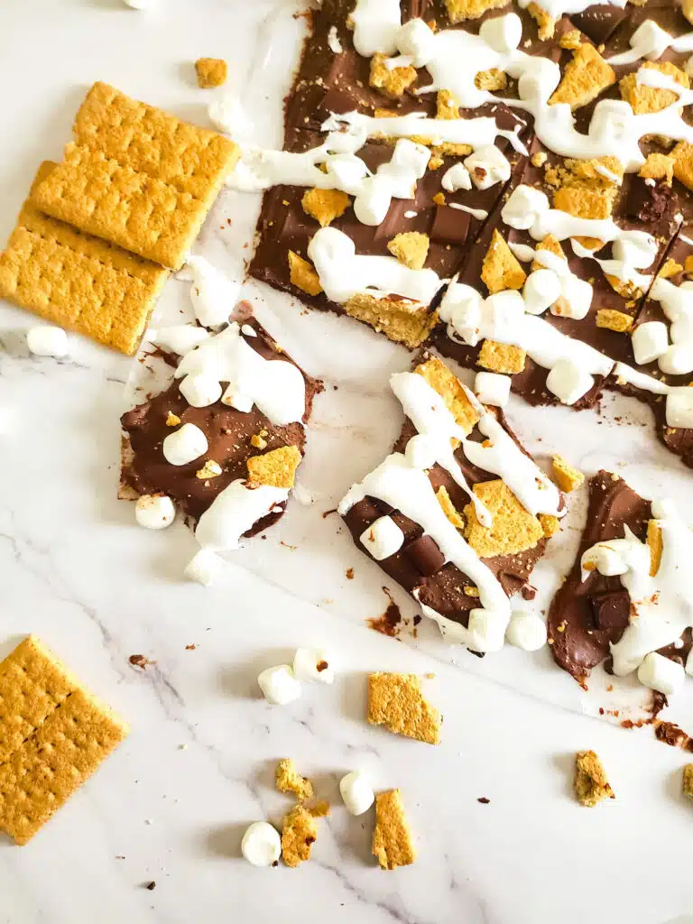 Smores Bark with graham crackers on marble table