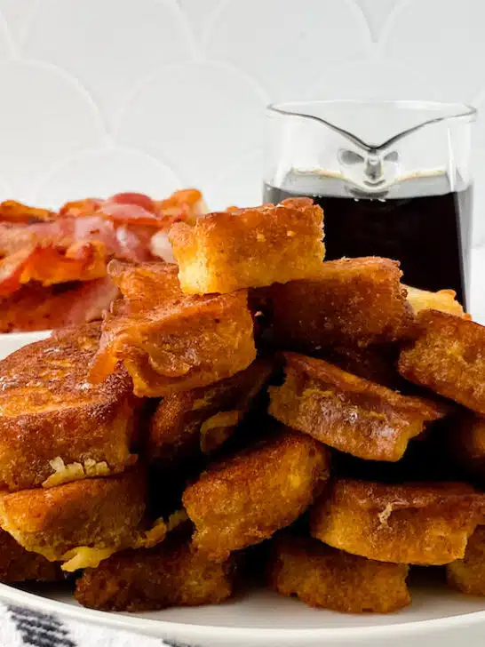 Copycat Burger King French Toast with syrup and bacon white table