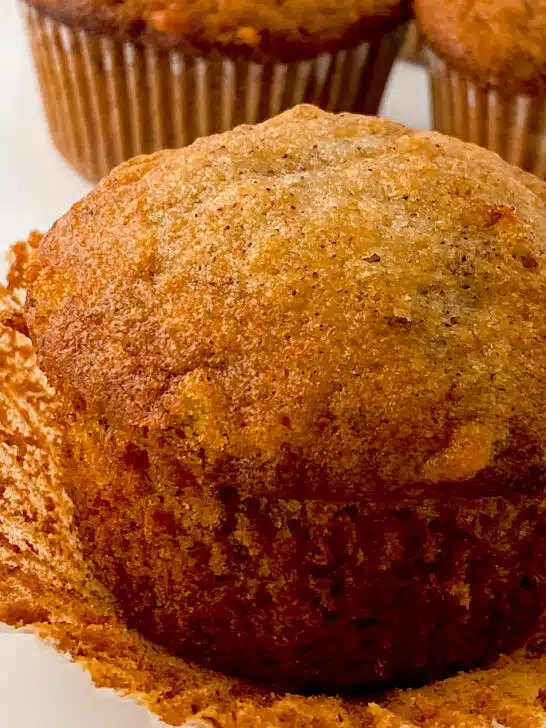 Easy Banana Nut Muffin close up on cupcake liner