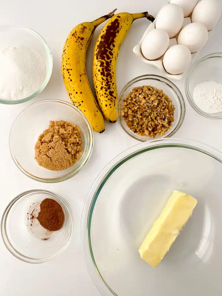Easy Banana Nut Muffin Ingredients on white background