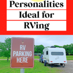 travel trailer parked in a campsite next to a sign that states rv parking here
