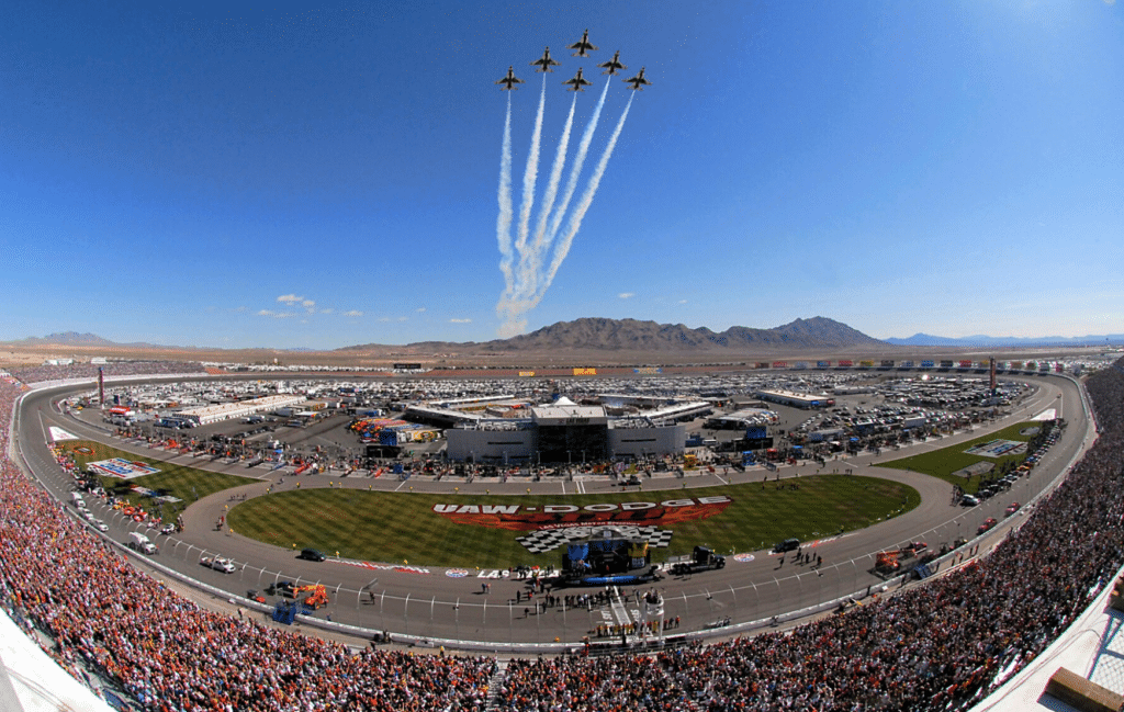 NASCAR race track with fighter jet flyover