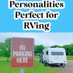 pinnable image of a travel trailer parked in a campsite next to a sign that states rv parking here