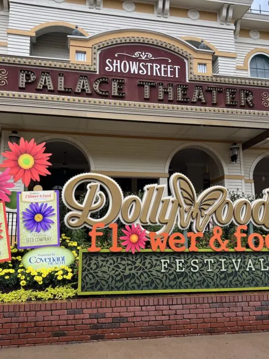 Entrance to the Dollywood Flower & Food Festival with vibrant floral decorations and a Dollywood sign in front of the Showstreet Palace Theater.