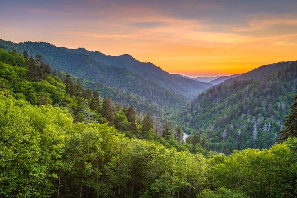 Great Smoky Mountains National Park, Tennessee, USA sunset landscape over Newfound Gap.