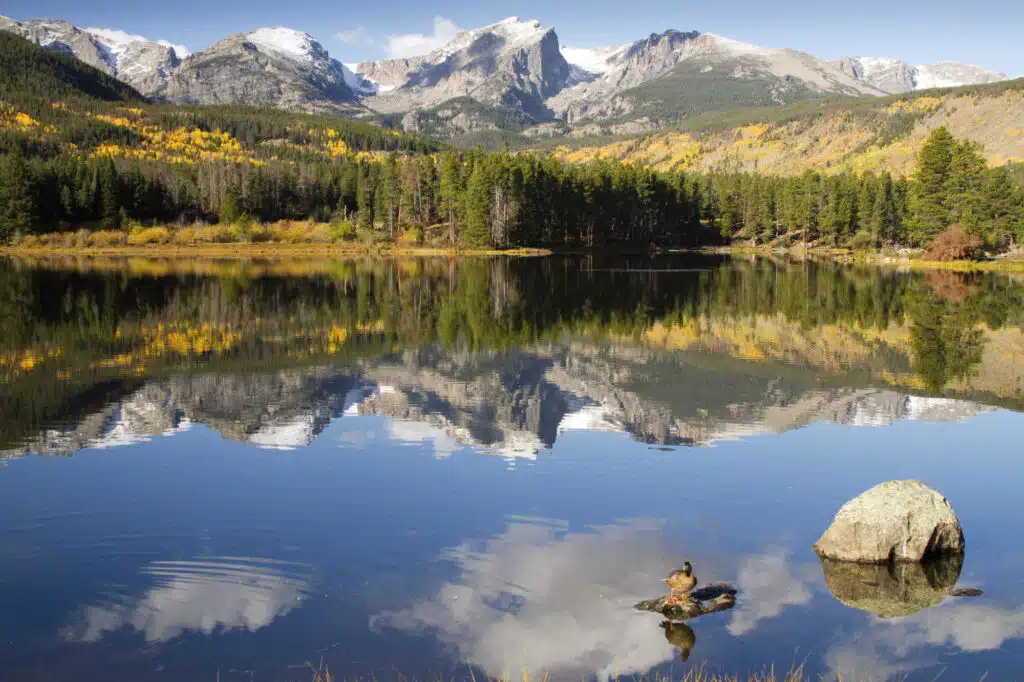 Autumn reflections of Mt. Hallet in Sprague lake at Rocky Mountain National Park near Estes Park, CO