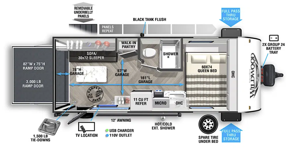 Forest River Wildwood FSX 181RT Floor Plan with blue interior dimensions showing