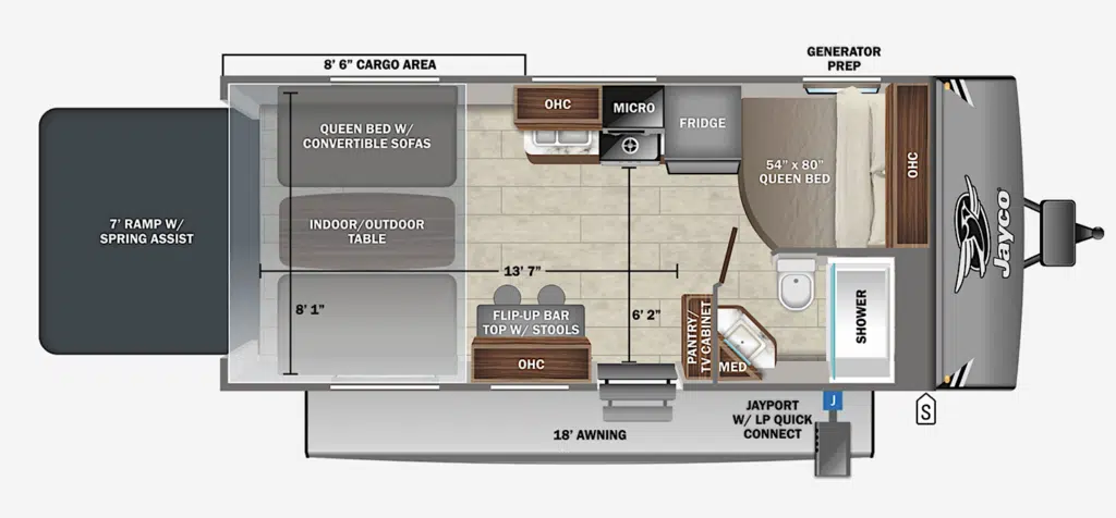 Jayco Jay Flight Octane 222 Floor Plan With interior garage dimensions noted