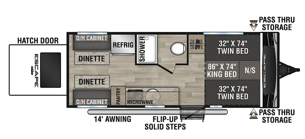 KZ Escape E20 Hatch Floor Plan With sizes of beds and features shown