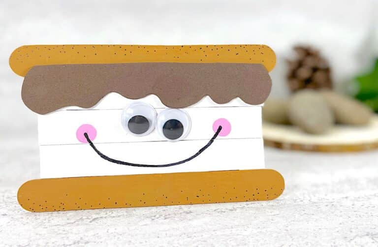 Popsicle Stick Smores On Table With Pine Cones and rocks in background