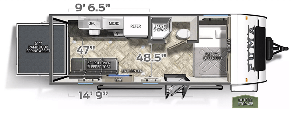 Puma Ultra Lite 187TH Floor Plan With major interior garage dimensions noted