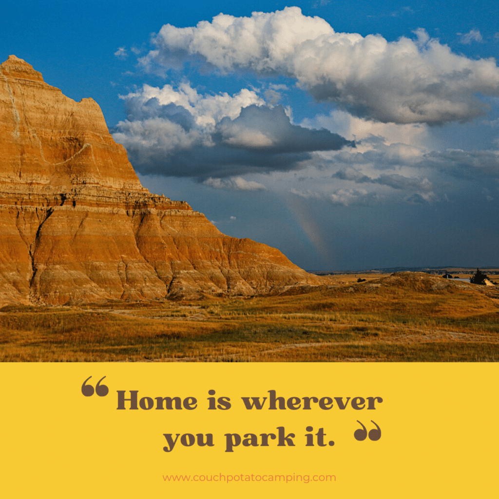 RV Inspirational Quote with scenic mountain and rainbow