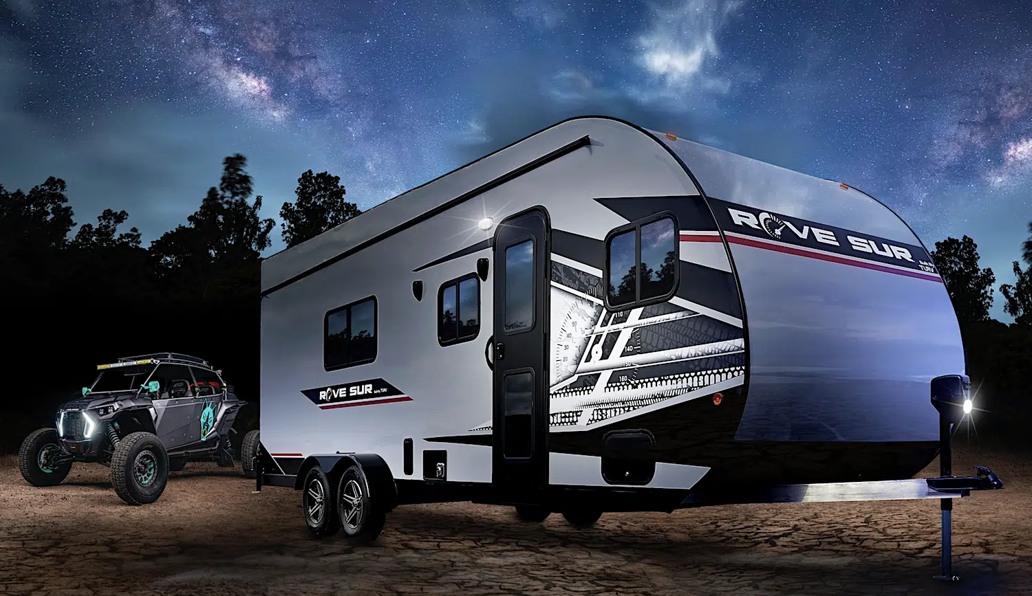 Travel Lite RV Rove 24SUR Toy Hauler at Night Exterior under starry sky in the wilderness