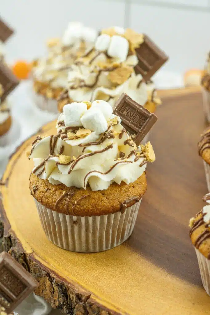 S'mores cupcakes with marshmallows and graham crackers.