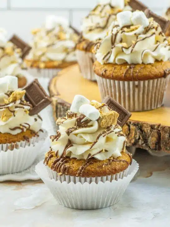 S'mores cupcakes with whipped cream and marshmallows.