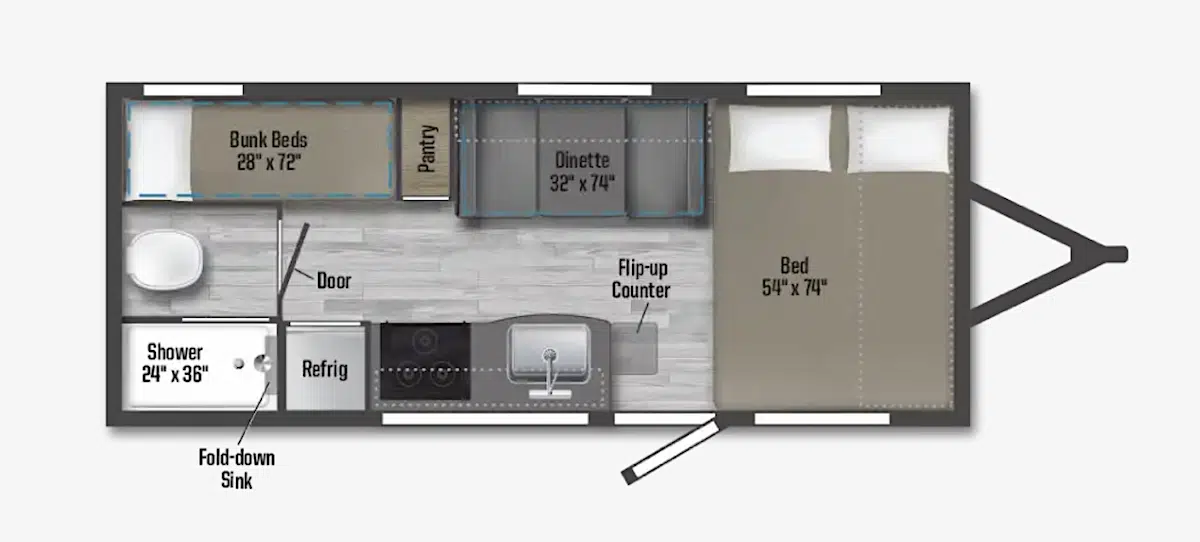 A floor plan of a tiny house with two bedrooms featuring twin beds, perfect for any adventure enthusiasts seeking an RV-style experience.