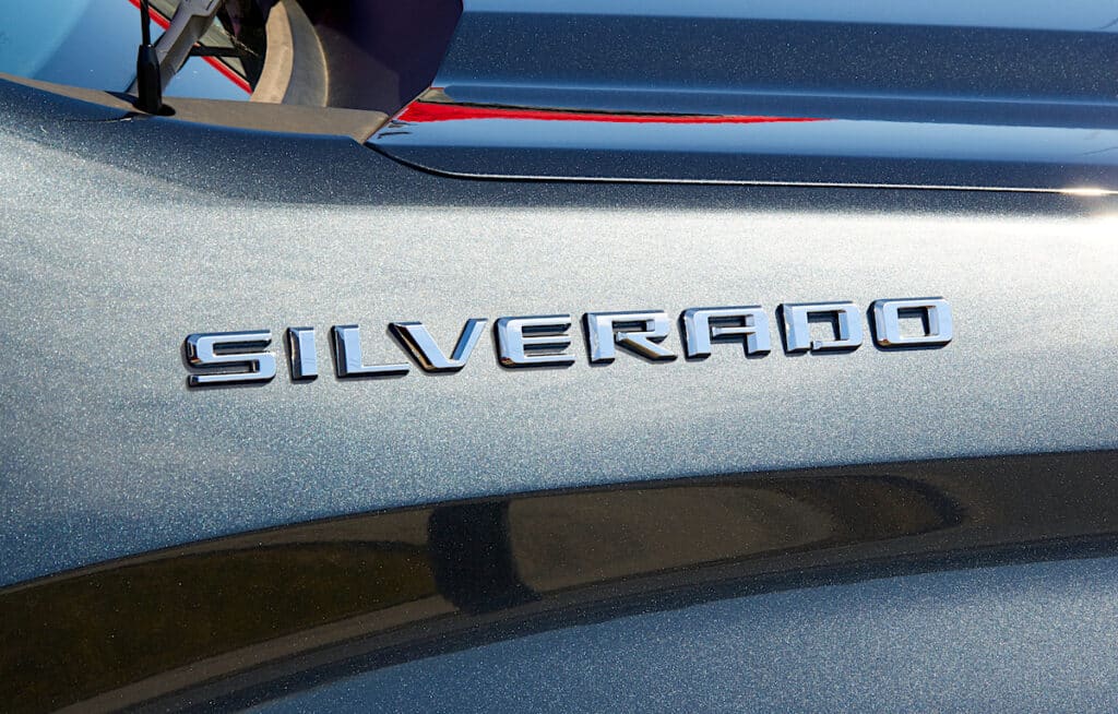 Chevy Silverado truck badge close up