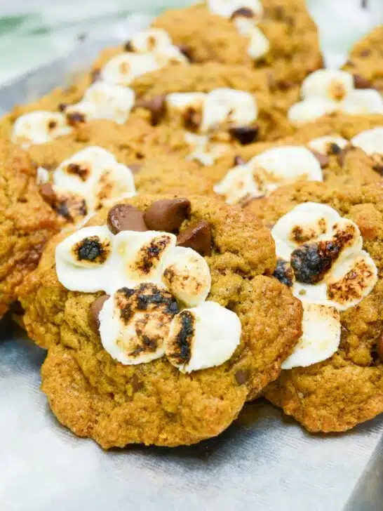 pumpkin S'mores cookies on a white tray