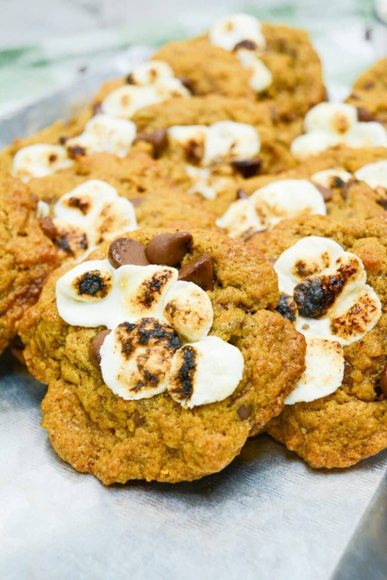 pumpkin S'mores cookies on a white tray