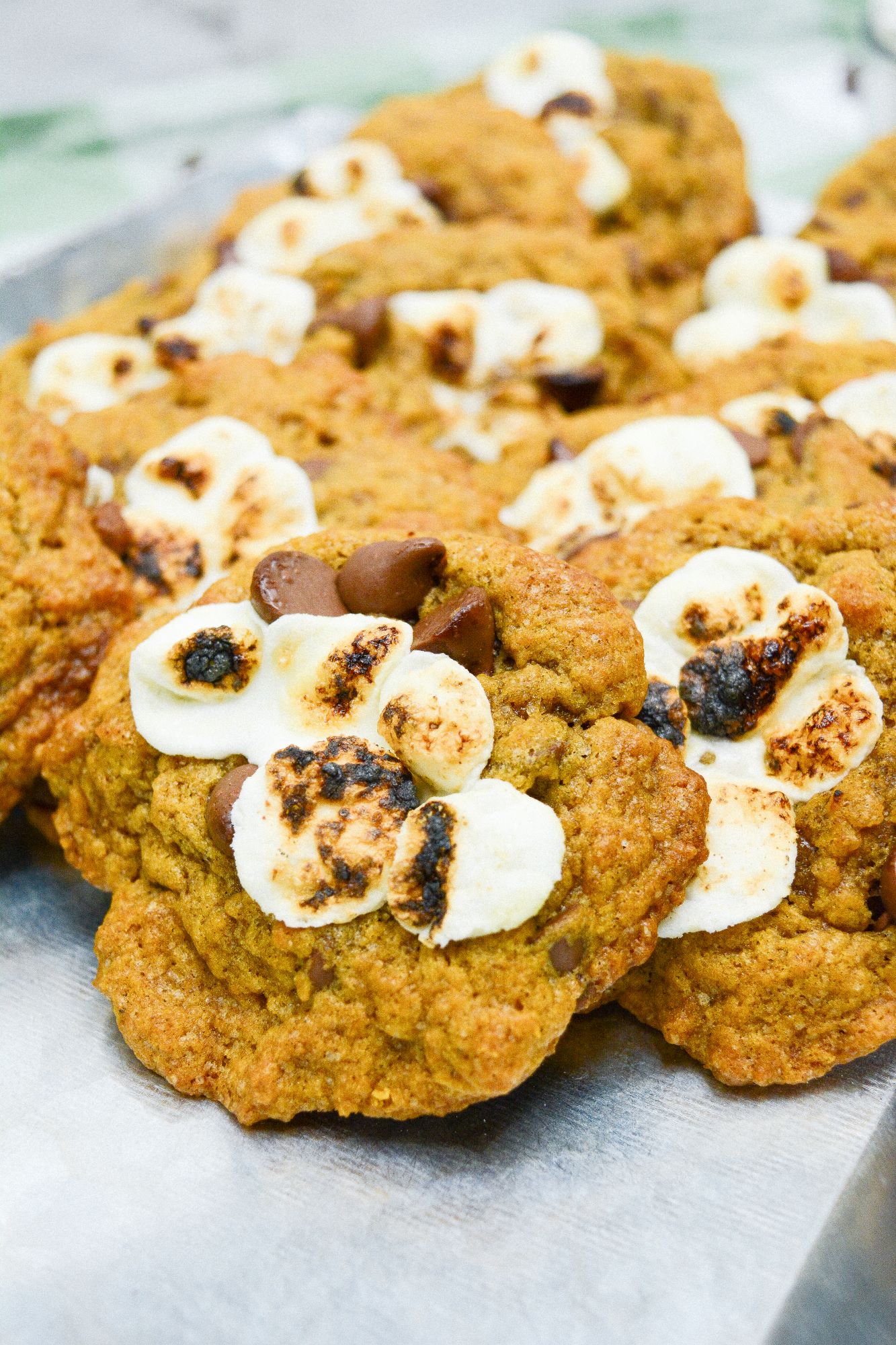 pumpkin S'mores cookies on a white tray