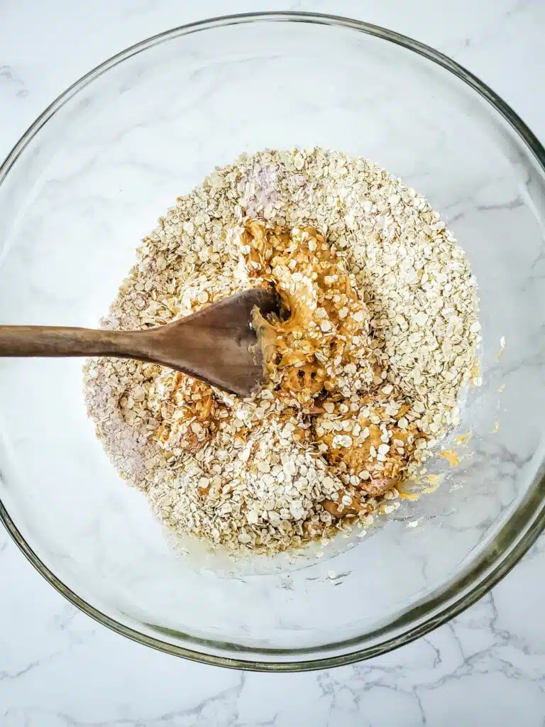 Oats in a bowl with a wooden spoon.
