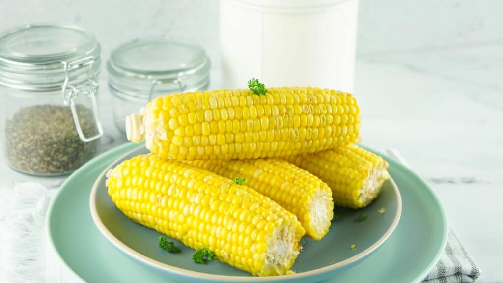 Corn on the cob on a blue plate.