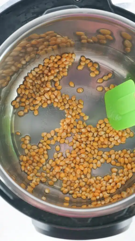 A pot filled with lentils and a green spatula.