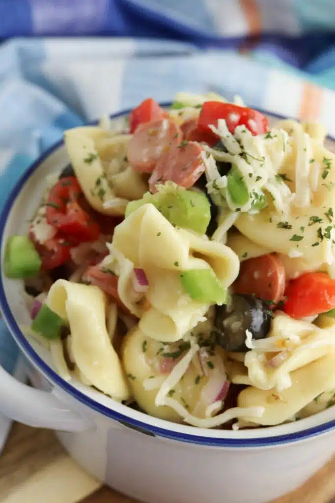 A bowl of pasta salad with tomatoes and olives.