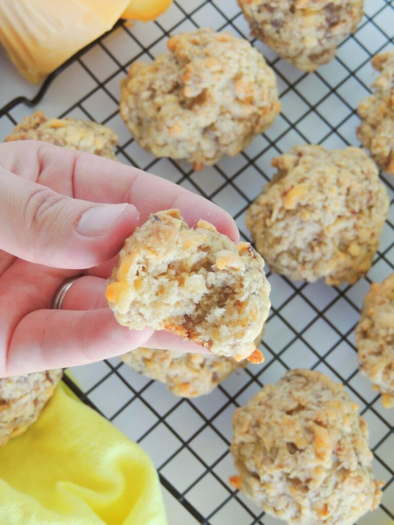 A person holding a piece of oatmeal cookie.