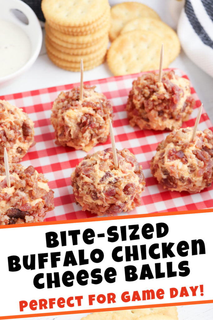 Buffalo chicken cheese balls sit enticingly on a red and white checkered tray, adorned with toothpicks. In the background, crackers and dip await. Text reads "Bite-sized Delights: Buffalo Chicken Cheese Balls.