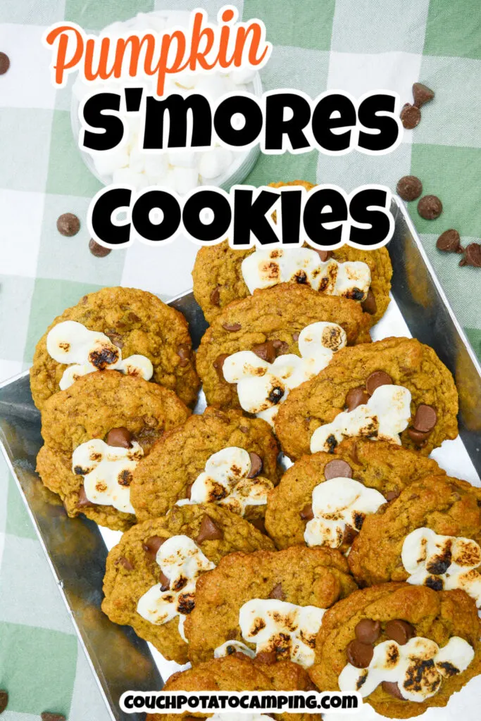 A tray of irresistible pumpkin s'mores cookies rests on a checkered cloth, brimming with chocolate chips and marshmallows.